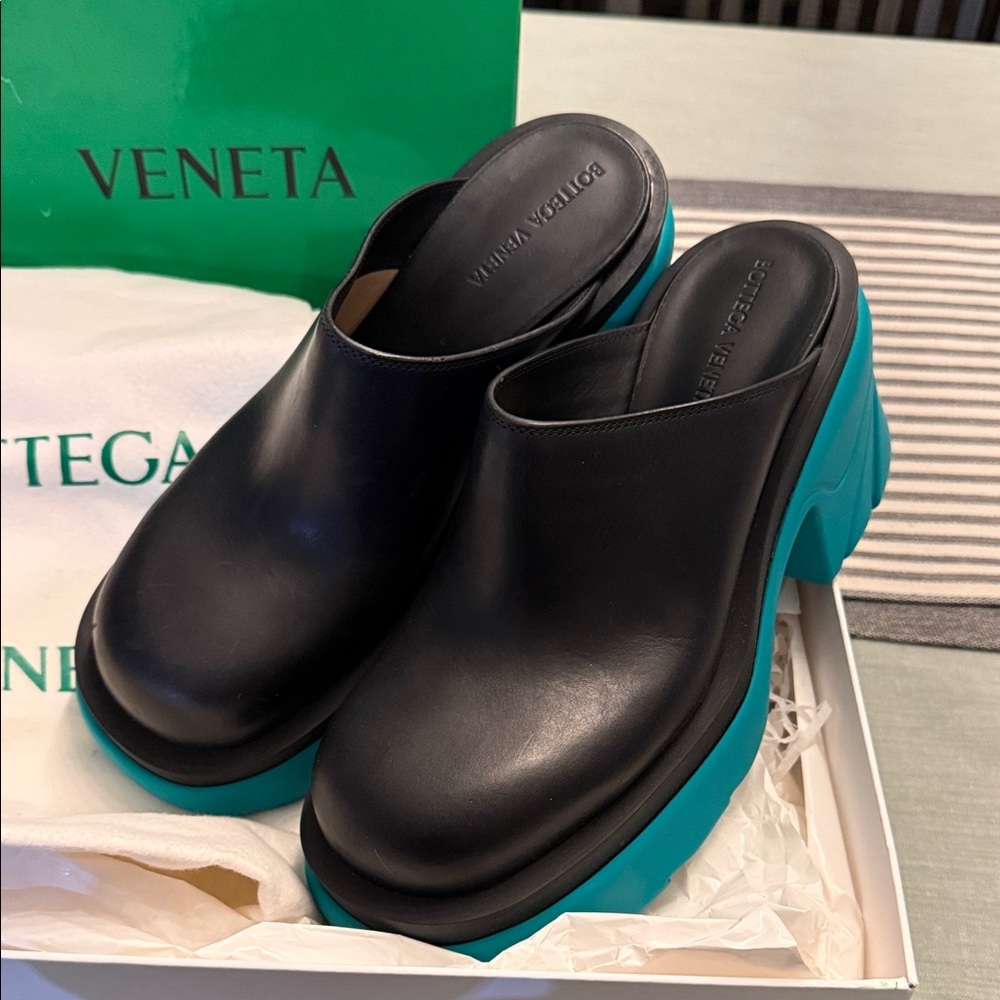 Bottega Veneta Black and Teal Mules